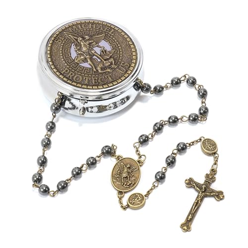 Nazareth Store St Michael Rosary Hematite Stone Beads Necklace Metal Beaded Glory Beads Archangel Medal & Cross with Metal Gift Box - color: Bronze | Jesus Cross