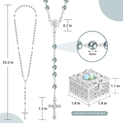 Silver Gray Pearl-Style Rosary Necklace with Metal Gift Box, 8mm, 22 Inch - color: Gray