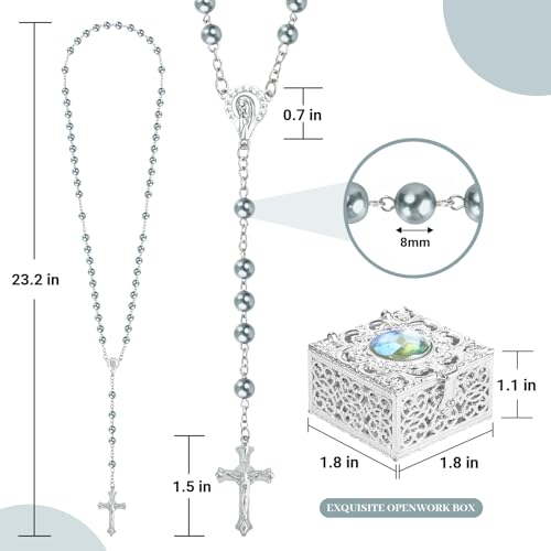 Silver Gray Pearl-Style Rosary Necklace with Metal Gift Box, 8mm, 22 Inch - color: Gray