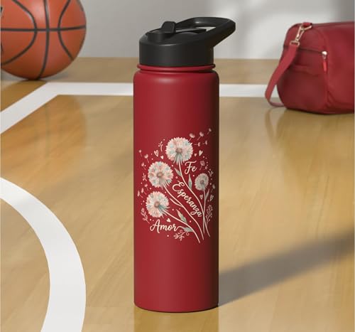 Fe Esperanza Amor Floral Christian Spanish Faith Cristianos Stainless Steel Insulated Water Bottle - color: Red