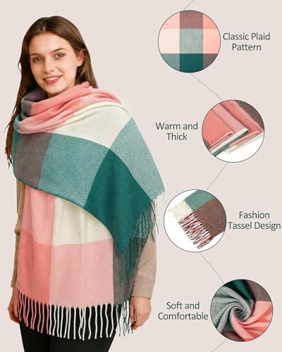 Loritta Winter Scarf for Women, Long Plaid Shawl Wraps Scarves Gifts - color: B-pink Green Lattice