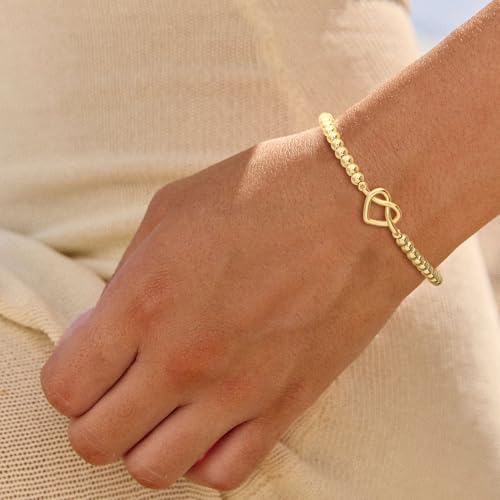 Gold Bracelets for Women 14K Gold Plated Bead Bracelet Hypoallergenic Stretch Bracelets for Women Elastic Bracelet Trendy Teen Gift Dainty Jewelry for Women - style: Knot Heart