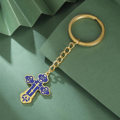 TEAMER Cross Keychain Russian Orthodox Crucifix Eastern Church Keychain Religious Christian Prayer Jewelry for Men Women - color: Blue Gold