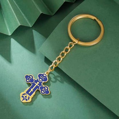 TEAMER Cross Keychain Russian Orthodox Crucifix Eastern Church Keychain Religious Christian Prayer Jewelry for Men Women - color: Blue Gold