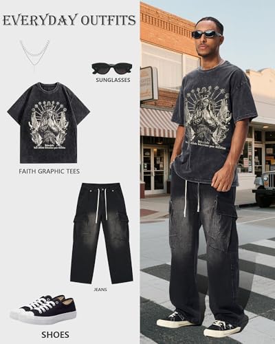 BAPHITY Mens Streetwear Crew Neck Cotton Graphic T Shirt - color: Black Faith, size: Medium