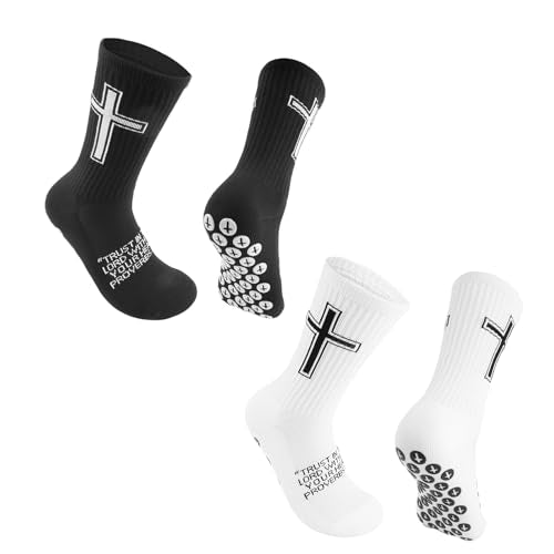 Christian Soccer Socks,Cross Grip Anti Slip Religious Football Socks with Rubber Dots for Youth and Men - color: White and Black
