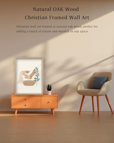 KensTro 12x16 Oak Framed Jesus Washing Feet Boho Christian Wall Art - color: Boho Jesus Washing Feet-Framed, size: 16"L x 12"W