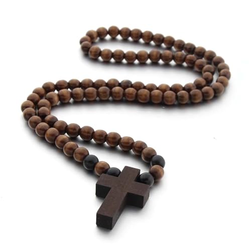 Natural Wood Beaded Cross Rosary Necklace Boho Handmade 8MM Wooden Beads with Jesus Cross Lightweight Rope Necklace for Men Women Religious Christian Prayer Fashion Jewelry Gifts - color: Dark brown