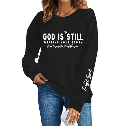 PAIEXILY Christian Crewneck Sweatshirts for Women God Faith Bible Verse Pullover Jesus Religious Long Sleeve Shirts Tops - color: Black, size: Medium