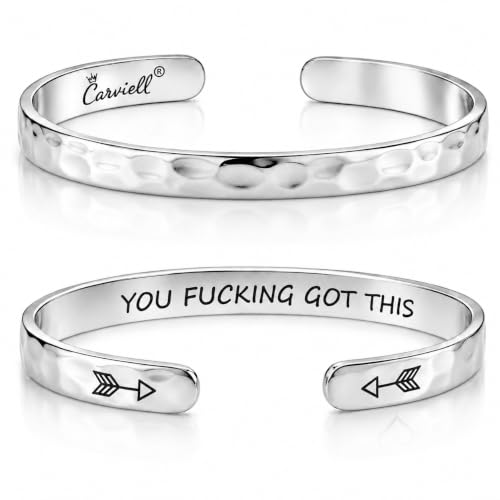 Carviell Bracelets for Women – 100+ Meaningful Engraved Messages – Solid 316L Surgical Stainless Steel Cuff Bracelet – Gift Ready - color: BADASS Gift - You F##king Got This