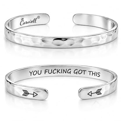 Carviell Bracelets for Women – 100+ Meaningful Engraved Messages – Solid 316L Surgical Stainless Steel Cuff Bracelet – Gift Ready - color: BADASS Gift - You F##king Got This