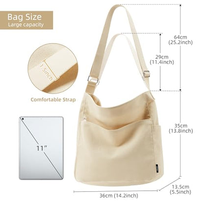 KALIDI Canvas Tote Bag Zipper Large Crossbody Shoulder Bag Messenger Bag - color: Beige