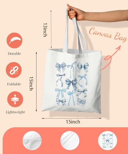 Coquette Bow Bible Canvas Tote Bag for Women Teens Teen Girls, Pink Bow Girls Tote Bag, Coquette Gifts - color: Blue Bow