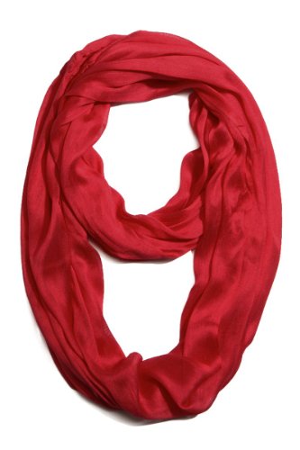Plum Feathers Light Weight Silky Scrunch Infinity Loop Silk Blend Scarf - color: Red