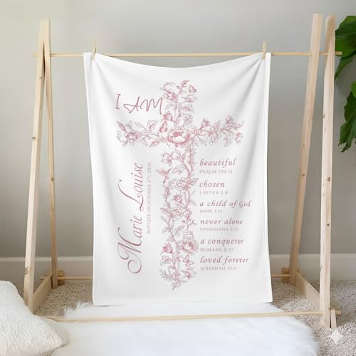 Personalized Baptism Blanket for Girl, Custom Pink Cross Baby Blanket, Christian Christening Gift, Catholic Scripture Throw Blankets, Floral Baptized in Christ Blankets, Goddaughter Keepsake - color: #Ver5