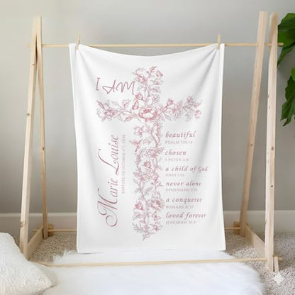 Personalized Baptism Blanket for Girl, Custom Pink Cross Baby Blanket, Christian Christening Gift, Catholic Scripture Throw Blankets, Floral Baptized in Christ Blankets, Goddaughter Keepsake - color: #Ver5