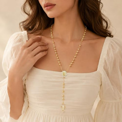 Women's Gold Rosary Beads Necklace,14K Gold Plated Virgin Mary Y Necklaces - color: Gold