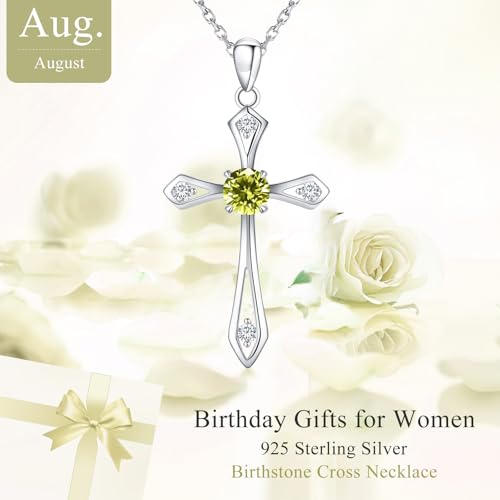 Cross Necklace for Women,925 Sterling Silver Faith Jewerly Gift - color: 08-August-Peridot