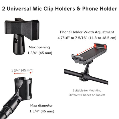 AW 2 Pack Microphone Boom Arm Stand Adjustable Tripod W/Phone Holder Dual - color: Black-2 Mic Clips+Phone Holder, size: 2 pcs