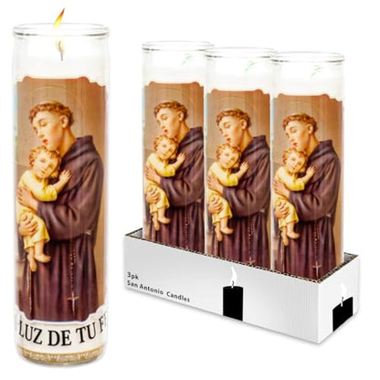 Generic San Antonio 3 Pack of 8 Inch White Religious Candles - Saint Anthony Candles for Vigils, Prayers, Blessing Ceremonies