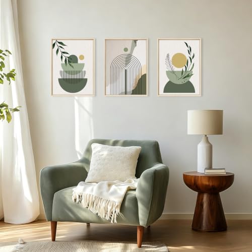 HOURIA Boho Sage Green Geometric Framed Canvas Wall Art Set- 12"x16"x3 - color: Boho Sage Green Wall Art, size: 12"L x 16"W