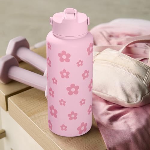 SANDJEST Floral Water Bottle Stainless Steel 32oz with Lid & Straw, Daisy Insulated Bottles Gifts for Women Girls Friends Teens Birthday Christmas - color: Daisy 1