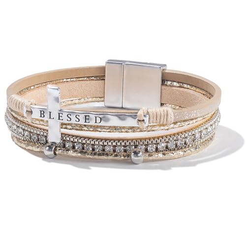 Christian Cross Leather Bracelets Boho Western Blessing Religious Jewelry - color: Gold