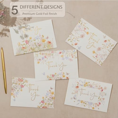 100 Floral Thank You Cards With Envelopes & Stickers - Pretty Wildflower & Gold Foil Assorted Greeting Notes pack for Wedding, Baby & Bridal Shower - Cute 4x6 Large Blank Flower Bulk Box Set