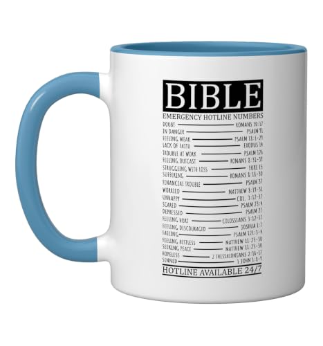 Bible Emergency Hotline Numbers | Christian Ceramic Mug, Blue/White, 11oz - color: Blue/White, size: 11 Ounces