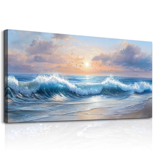 XIGUANGART Beach Pictures Wall Art,Coastal Sunrise Seascape Painting 24x48 - color: Sea Wave Painting, size: 48"L x 24"W