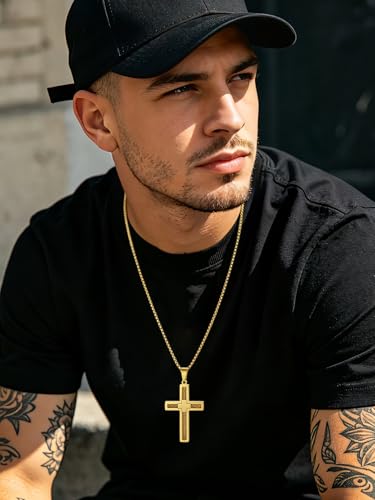 FaithHeart Stainless Steel Cross Necklace for Men, Silver/Black/Gold Cross Chains for Men Religious Amulet Necklaces Christian Gifts for Dad - style: Twist Cross-Gold