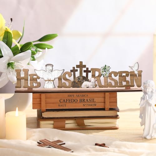 Vercraft Easter Decorations He Is Risen Wooden Sign Religious Table Centerpiece Christian Farmhouse Tabletop Sign for Tiered Tray Decor Fireplace Mantel Room Birthday Spring, 2.2 x 9.7 Inch(Fresh) - style: Fresh