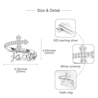 Helonley Cross Faith Ring for Women - 925 Sterling Silver Inspiration Rings - style: Let Go and Let God