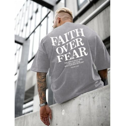 Christian Faith Over Fear Shirt for Men Jesus Religious Shirts Oversized Graphic Tees Acid Wash God T-Shirt - color: Light Gray, size: 4X-Large