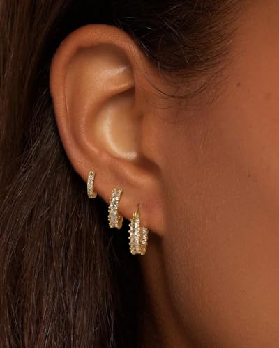 Rotnso Gold Hoop Earrings Set for Women Hypoallergenic Trendy Huggie Stack - style: 3 Pairs CZ Hoops-GD