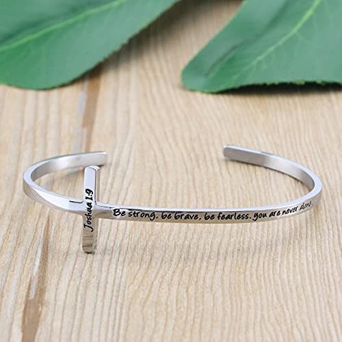 Memgift 𝐂𝐫𝐨𝐬𝐬 𝐁𝐫𝐚𝐜𝐞𝐥𝐞𝐭 Religious Cuff Bangle 𝐁𝐢𝐛𝐥𝐞 𝐕𝐞𝐫𝐬𝐞 Christian Gifts Jewelry for 𝐖𝐨𝐦𝐞𝐧 - style: Silver cuff-Be strong ,Be brave ,Be fearless.you are never alone -Joshua 1:9