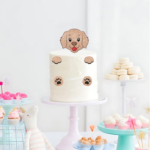 Puppy Dog Cake Topper, Dog Birthday Cake Decor, Brown Glitter Golden Retriever Paw Cake Topper for Boy, Pet Themed Birthday/Adoption Day Party Decoration - style: Puppy Dog