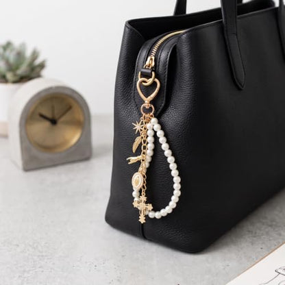 Cute Bag Charms Keychain - Pearl Keyring Wristlet Birthday Gifts - color: Gold Cross
