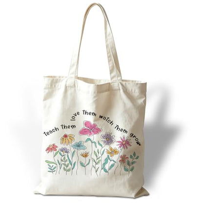 Aesthetic Flower Tote Bags, Teach Them Love Them Watch Grow, Weekend Bag, Beach Travel Bags, Teacher Thank You Gift, Useful Canvas Tote Bag, Meaningful Gifts to Teachers Parents - color: Style 08