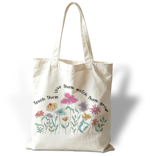Aesthetic Flower Tote Bags, Teach Them Love Them Watch Grow, Weekend Bag, Beach Travel Bags, Teacher Thank You Gift, Useful Canvas Tote Bag, Meaningful Gifts to Teachers Parents - color: Style 08