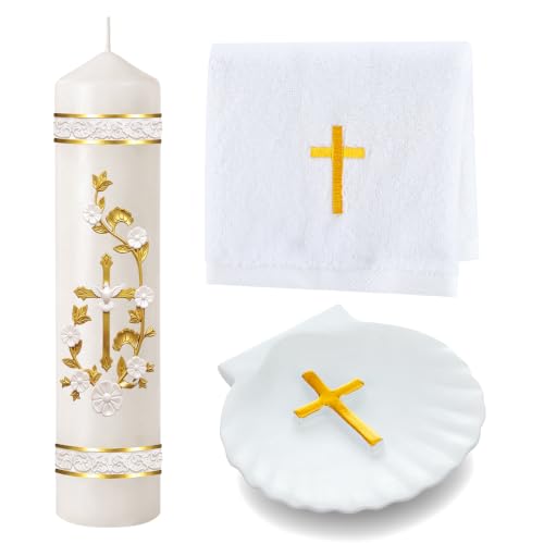 Lyrow Baptism Candle Set Complete Christening Gift Kit with Shell, Candle & Towel, White Gold Communion for Baptism, First Holy Communion, Catholic Sacraments(Vintage)