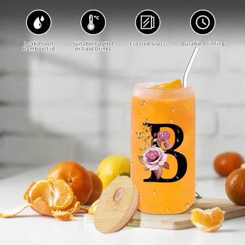 Monogrammed Glass Drinking Cup With Lid Straw Women Girl Friend Birthday 16th 18th 19th 20th 21st 30th 40th 50th 60th 70th 80th 90th 45th 65th 75th 1974 1964 40 60 70 Year Old Gift Funny Meaningful,B - style: Letter B
