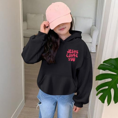 Christian Jesus Loves You Hoodie For Teen Girls Cute Graphic Hoodies Kids Bible Verse Faith Sweatshirt God Pullover - color: Black, size: 7-8 Years