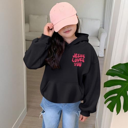 Christian Jesus Loves You Hoodie For Teen Girls Cute Graphic Hoodies Kids Bible Verse Faith Sweatshirt God Pullover - color: Black, size: 5-6 Years