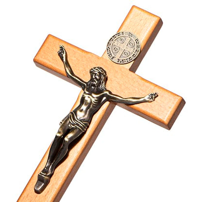 ACHIBANG Crucifix Wall Cross, 10in Wooden Catholic Jesus St Benedict Decor - size: 10"L x 5"W