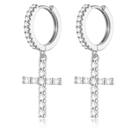 14K Gold Plated Cross Earrings for Women Men, CZ Cross Dangle Earrings Hypoallergenic Jewelry Gift - color: Silver