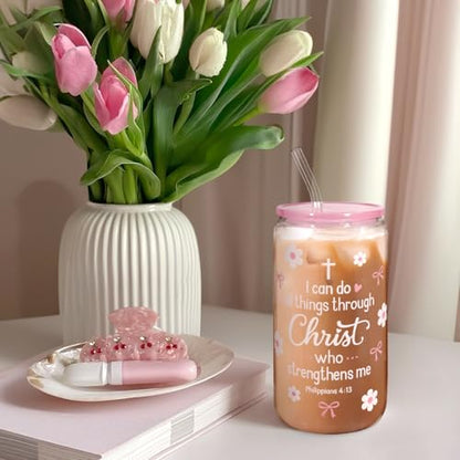SANDJEST Christian Glass Can Tumbler 16oz, Inspirational Glass Cup with Lid & Straw, Iced Coffee Aesthetic Cups for Women Girls, Gifts Idea for Christmas Birthday - color: Christian 2