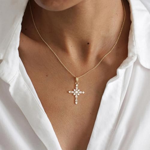 Cross Necklace for Women, Dainty 14K Gold Plated Cross Pendant Simple Long Necklaces for Women, Christian Faith Necklace Trendy Gold Jewelry Gifts for Easter - color: gold zircon cross-1