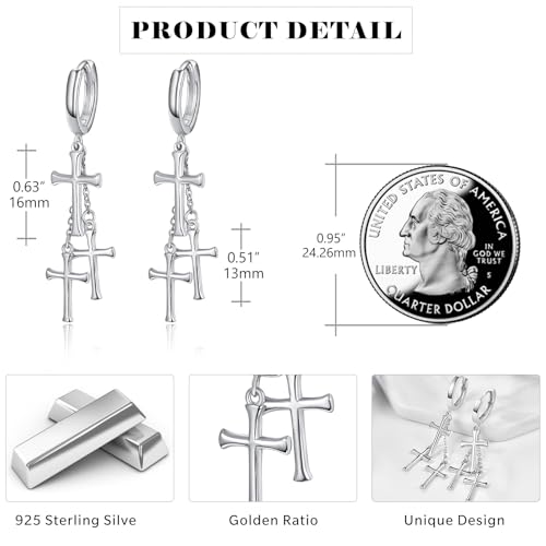 Cross Earrings 925 Sterling Silver Cross Dangle Earrings Christianity Jewelry Gift for Men Women - style: 3 Cross-Silver