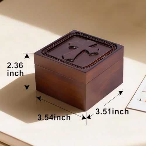 Wooden Cross Prayer Keepsake Box of Christian, Rosary Box for Religious Jewelry, Hand-Carved Catholic Rosary Holder Boxes Gifts for Women & Men, Baptism Communion Memorial Sympathy Gifts, No Card